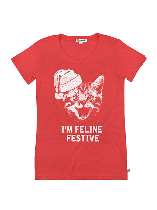 Funny Christmas T-Shirts for Women – Feline Festive (Red)